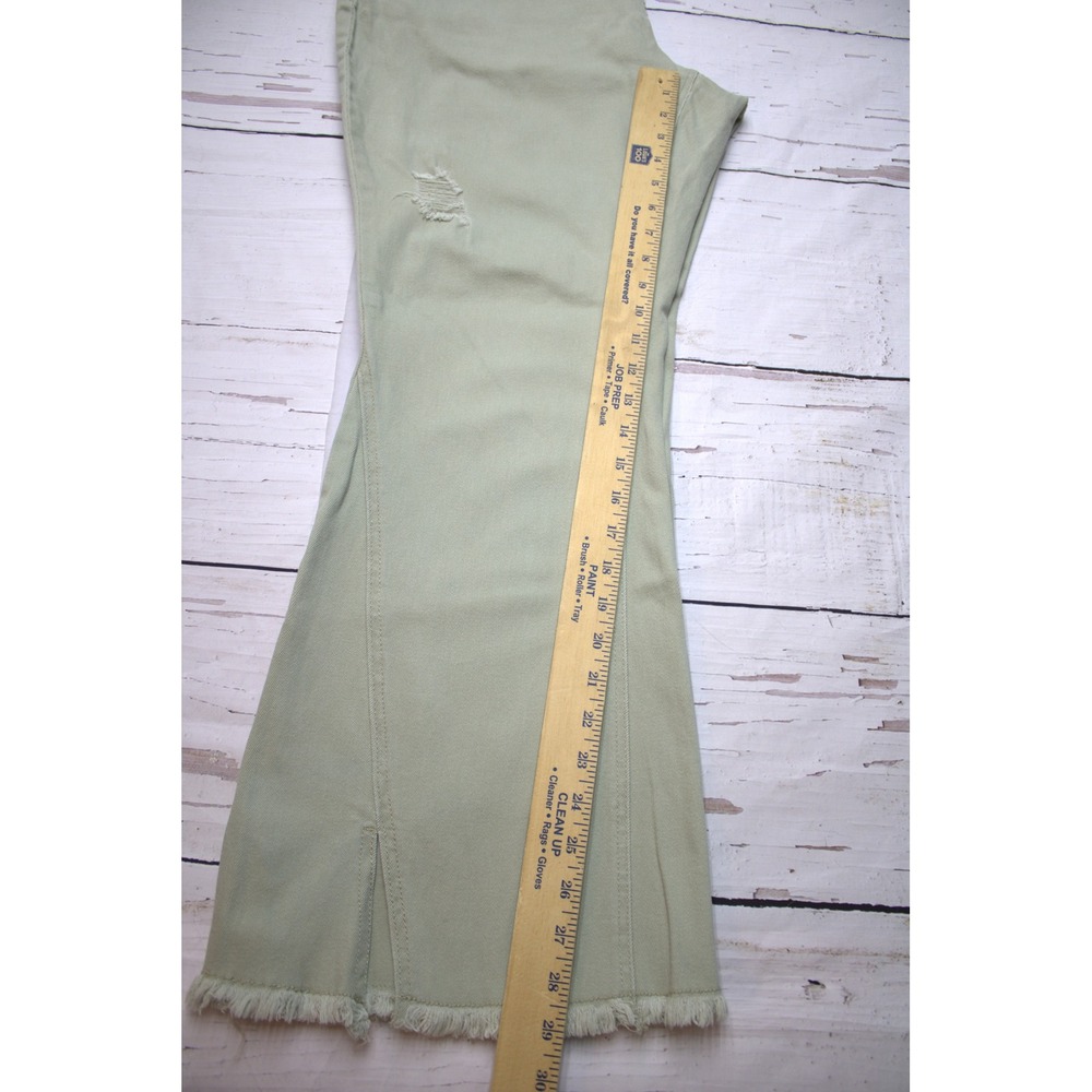 Est. 1946 Denim Sage Green Super Hi-Rise Flare Distressed Jeans 18WP Fringe Hem - Picture 6 of 13